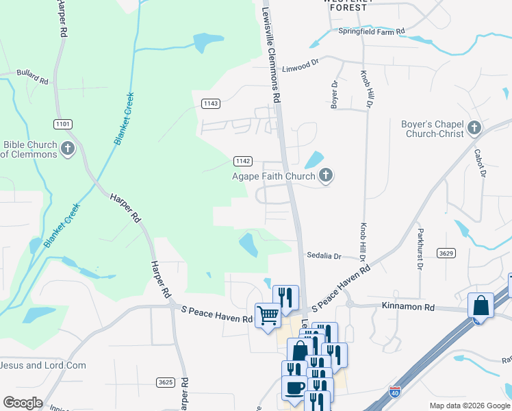 map of restaurants, bars, coffee shops, grocery stores, and more near 2140 Weststone Road in Clemmons
