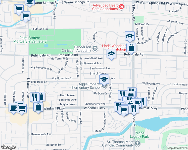 map of restaurants, bars, coffee shops, grocery stores, and more near 2735 Briarcliff Avenue in Henderson