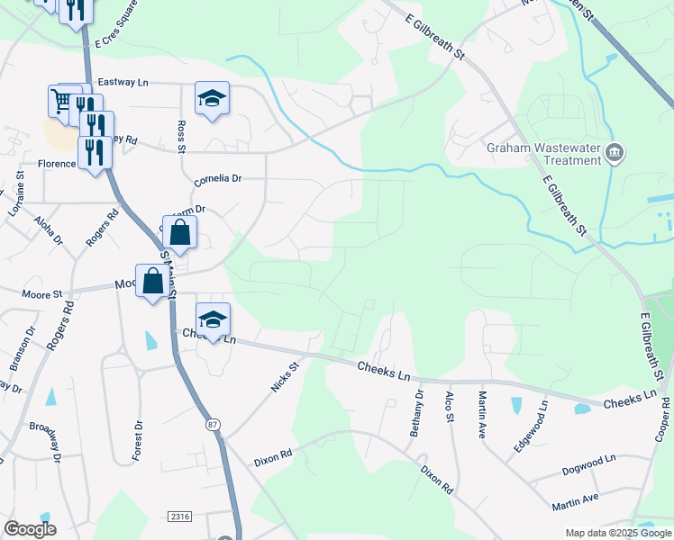map of restaurants, bars, coffee shops, grocery stores, and more near 218 Braeburn Drive in Graham