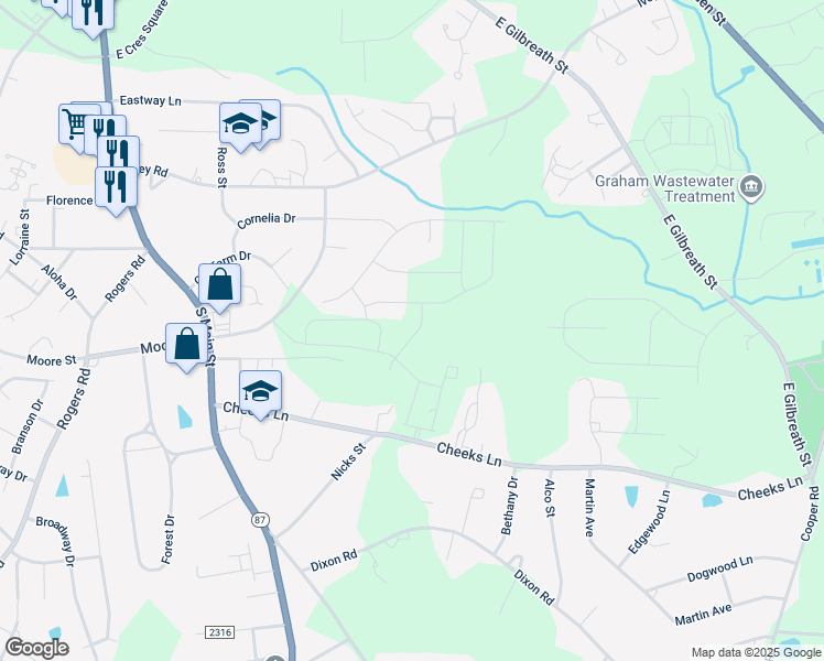 map of restaurants, bars, coffee shops, grocery stores, and more near 218 Braeburn Drive in Graham