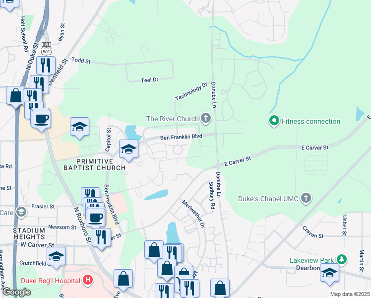 map of restaurants, bars, coffee shops, grocery stores, and more near 137 Presidents Dr in Durham