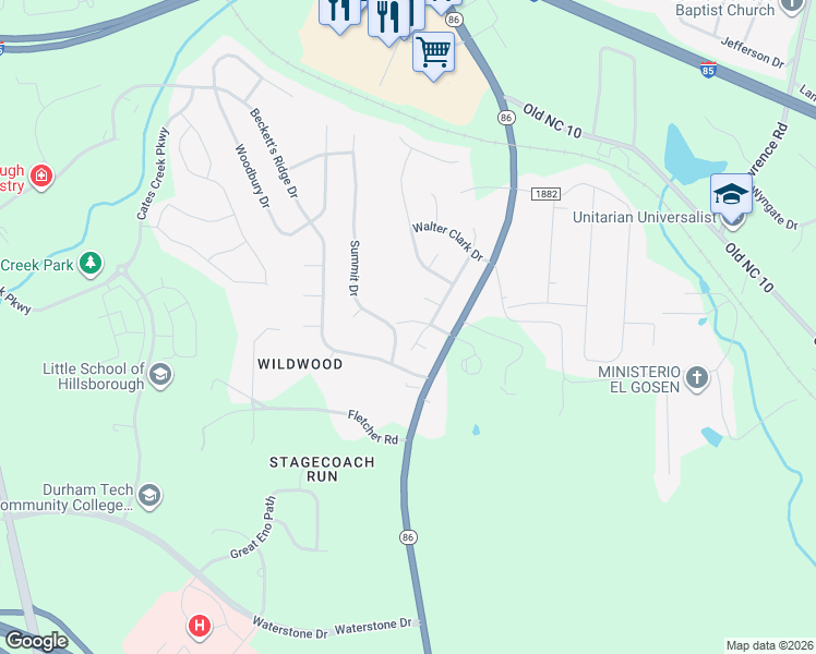 map of restaurants, bars, coffee shops, grocery stores, and more near 2611 Wade Hampton Road in Hillsborough