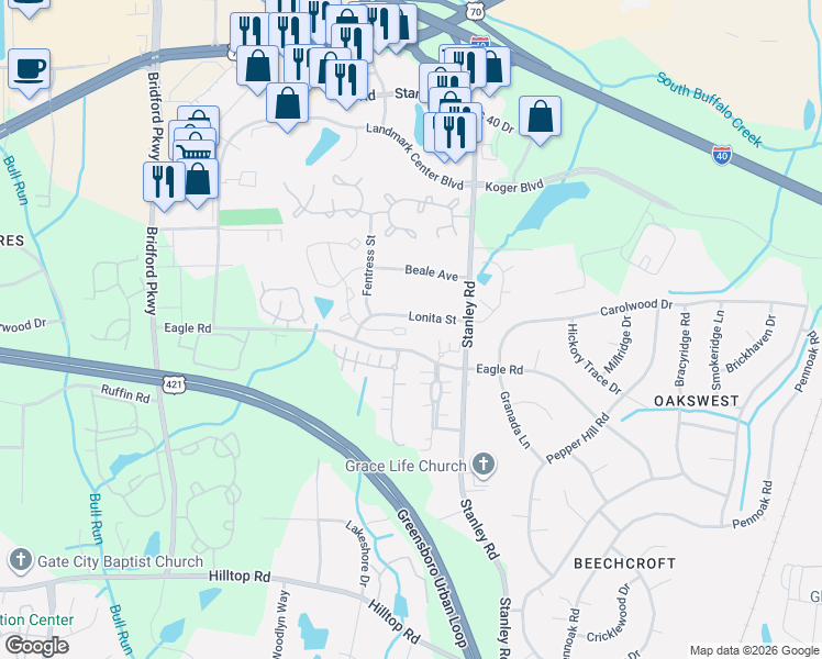 map of restaurants, bars, coffee shops, grocery stores, and more near 107 Bridford Downs Drive in Greensboro