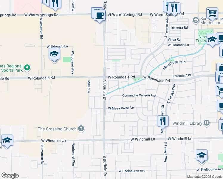 map of restaurants, bars, coffee shops, grocery stores, and more near 7701 West Robindale Road in Las Vegas