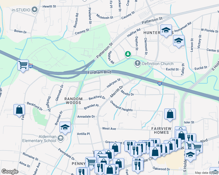 map of restaurants, bars, coffee shops, grocery stores, and more near 1825 Halcyon Street in Greensboro