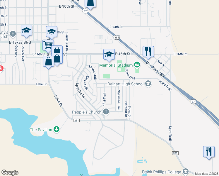 map of restaurants, bars, coffee shops, grocery stores, and more near 1908 Cherokee Trail in Dalhart