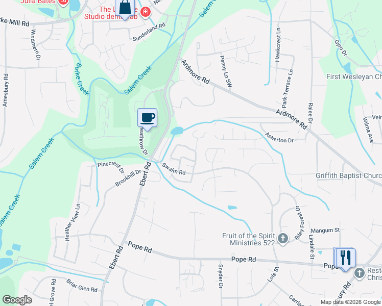 map of restaurants, bars, coffee shops, grocery stores, and more near 2820 Windy Crossing in Winston-Salem