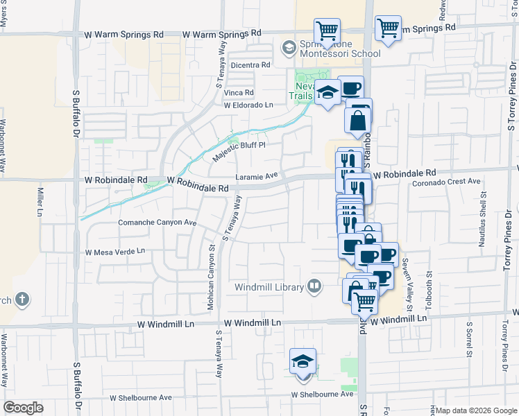 map of restaurants, bars, coffee shops, grocery stores, and more near 7233 Frontier Hills Avenue in Las Vegas