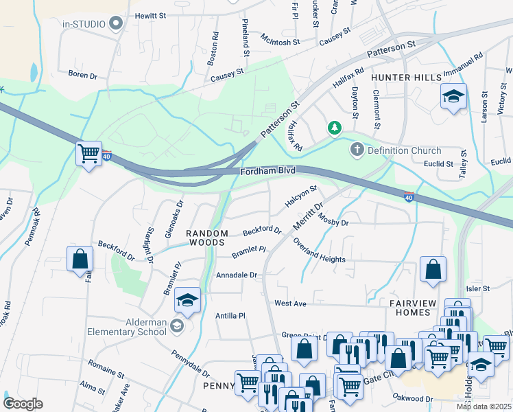 map of restaurants, bars, coffee shops, grocery stores, and more near 4105 Farmbrooke Drive in Greensboro