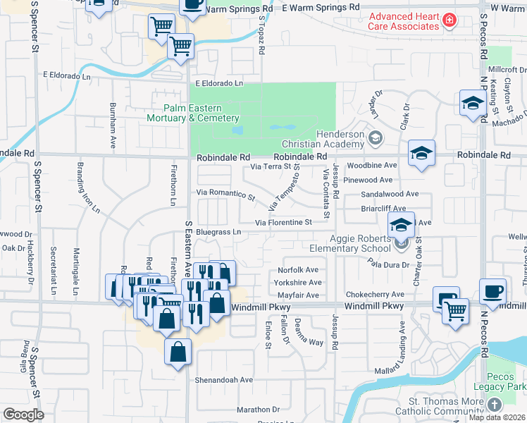 map of restaurants, bars, coffee shops, grocery stores, and more near 2832 Via Florentine Street in Henderson