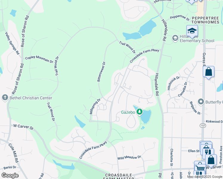 map of restaurants, bars, coffee shops, grocery stores, and more near 2600 Croasdaile Farm Parkway in Durham