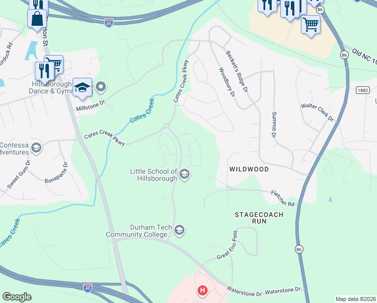 map of restaurants, bars, coffee shops, grocery stores, and more near 301 Monarda Way in Hillsborough