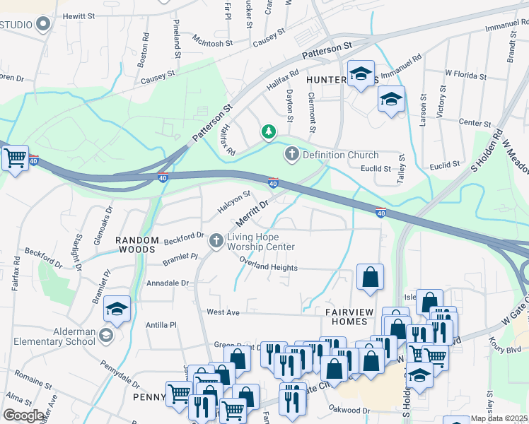 map of restaurants, bars, coffee shops, grocery stores, and more near 3816 Mosby Drive in Greensboro