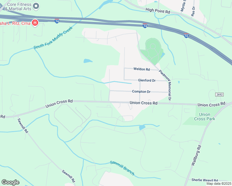 map of restaurants, bars, coffee shops, grocery stores, and more near 2024 Union Cross Road in Winston-Salem