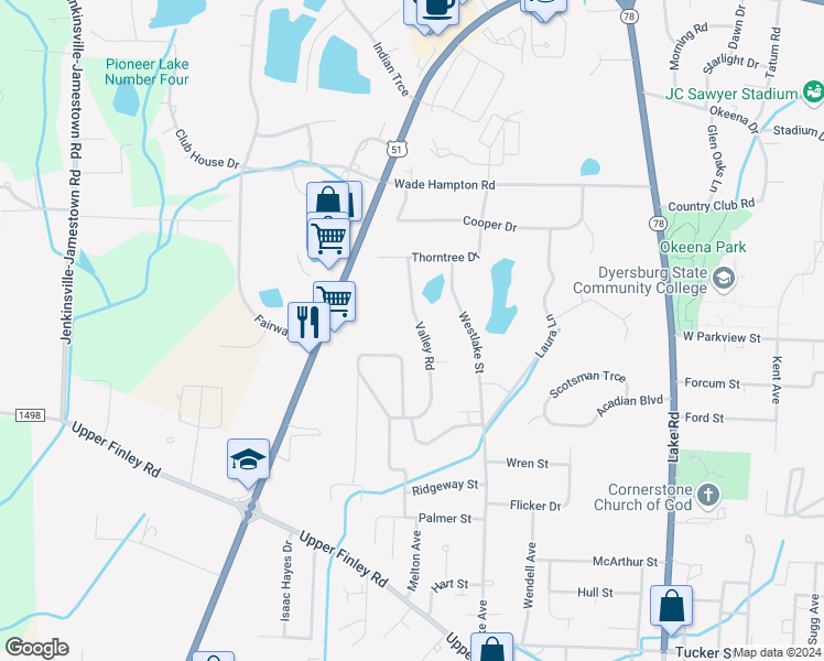 map of restaurants, bars, coffee shops, grocery stores, and more near 1079 Valley Road in Dyersburg