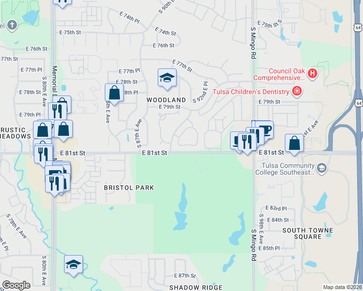 map of restaurants, bars, coffee shops, grocery stores, and more near 9202 East 80th Place in Tulsa