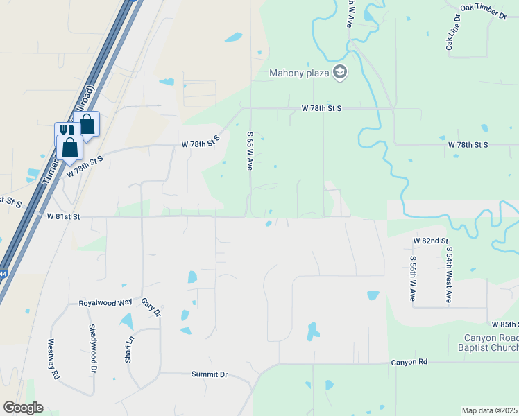 map of restaurants, bars, coffee shops, grocery stores, and more near 6441 West 81st Street South in Tulsa