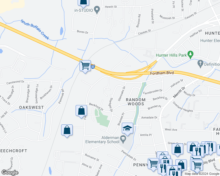 map of restaurants, bars, coffee shops, grocery stores, and more near 6 Blue Stone Lane in Greensboro