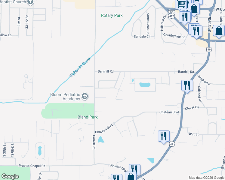map of restaurants, bars, coffee shops, grocery stores, and more near 2502 Christopher Drive in Paragould
