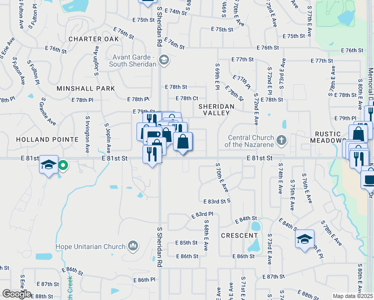 map of restaurants, bars, coffee shops, grocery stores, and more near 6703 East 81st Street in Tulsa