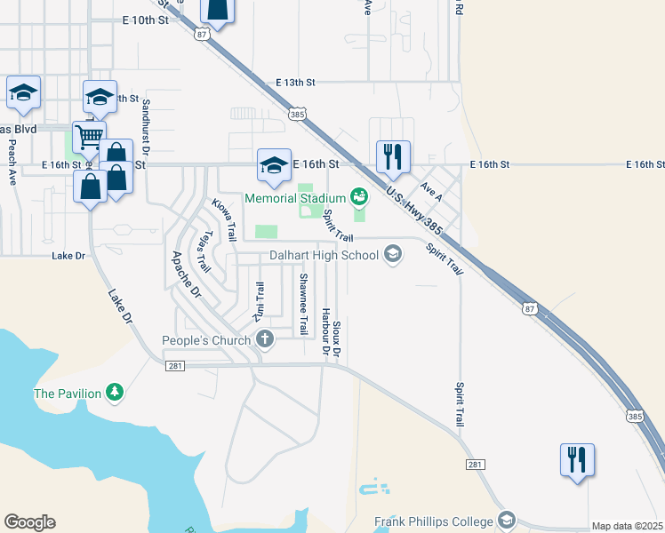 map of restaurants, bars, coffee shops, grocery stores, and more near 1900 Harbour Drive in Dalhart