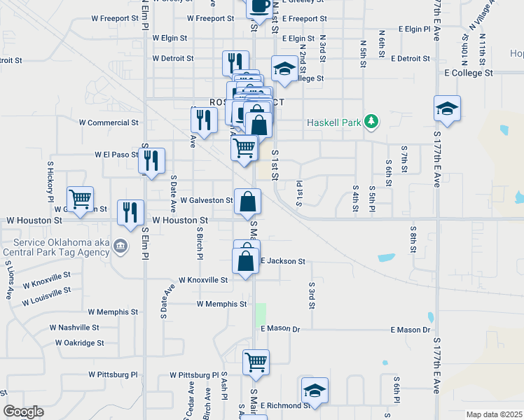 map of restaurants, bars, coffee shops, grocery stores, and more near 601 South Main Street in Broken Arrow