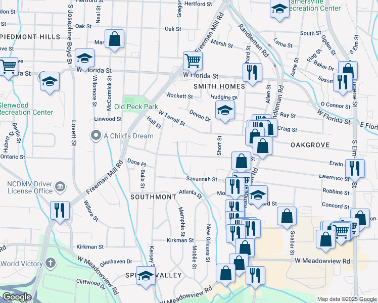 map of restaurants, bars, coffee shops, grocery stores, and more near 1807 Covenant Lane in Greensboro