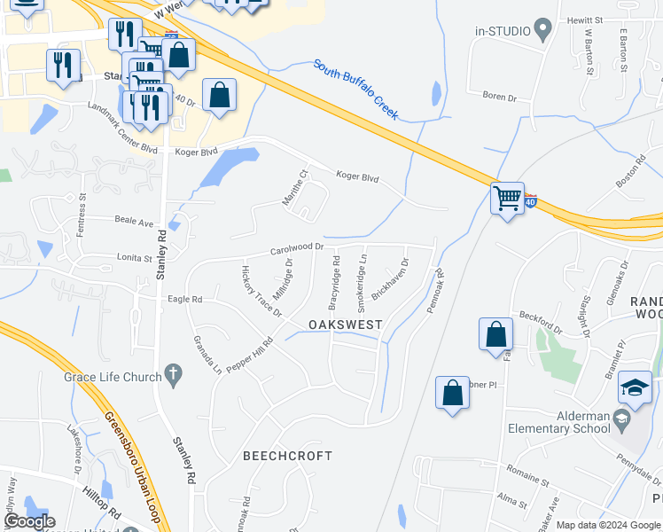 map of restaurants, bars, coffee shops, grocery stores, and more near 2004 Bracyridge Road in Greensboro