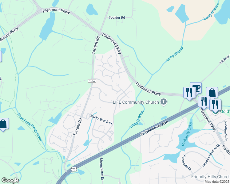 map of restaurants, bars, coffee shops, grocery stores, and more near 4492 Piedmont Trace Drive in Greensboro
