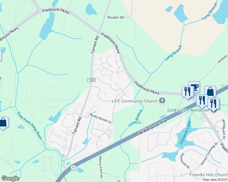 map of restaurants, bars, coffee shops, grocery stores, and more near 4504 Piedmont Trace Drive in Greensboro