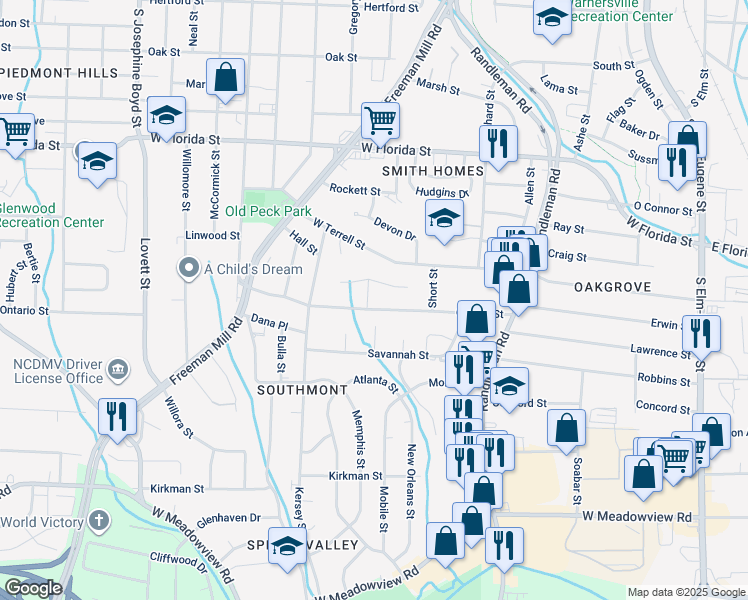 map of restaurants, bars, coffee shops, grocery stores, and more near 1807 Covenant Lane in Greensboro
