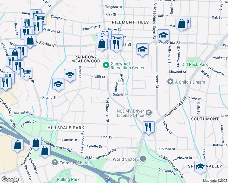 map of restaurants, bars, coffee shops, grocery stores, and more near 2218 Hubert Street in Greensboro