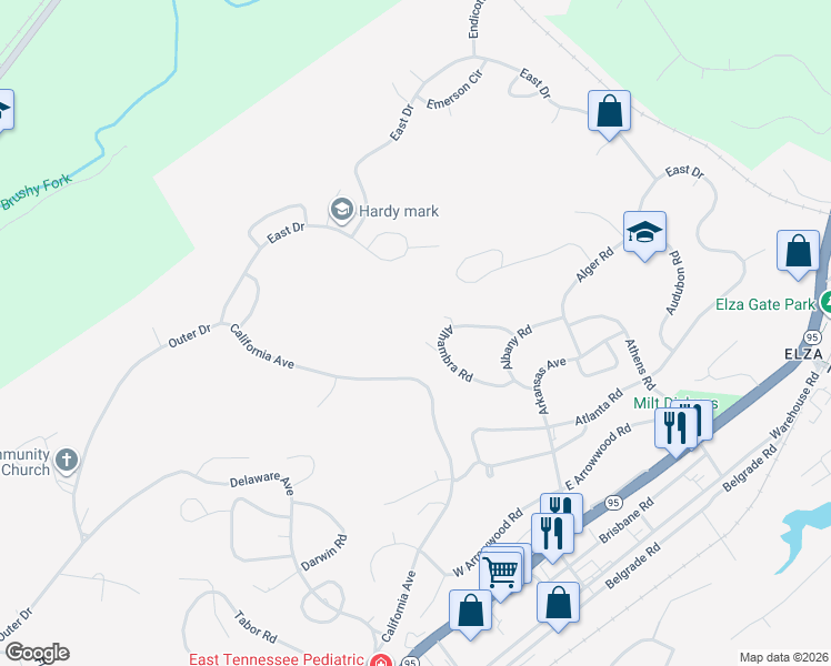 map of restaurants, bars, coffee shops, grocery stores, and more near 226 Alhambra Road in Oak Ridge