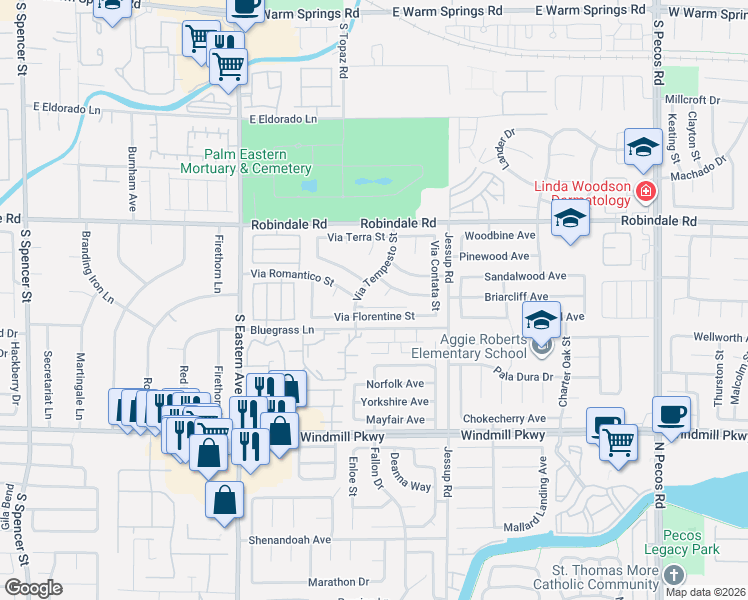 map of restaurants, bars, coffee shops, grocery stores, and more near 261 Plaza Marquessa Court in Henderson