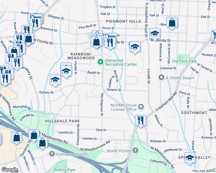 map of restaurants, bars, coffee shops, grocery stores, and more near 2218 Hubert Street in Greensboro