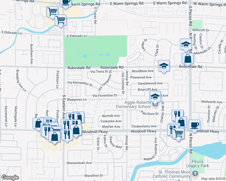 map of restaurants, bars, coffee shops, grocery stores, and more near 2816 Via Florentine Street in Henderson