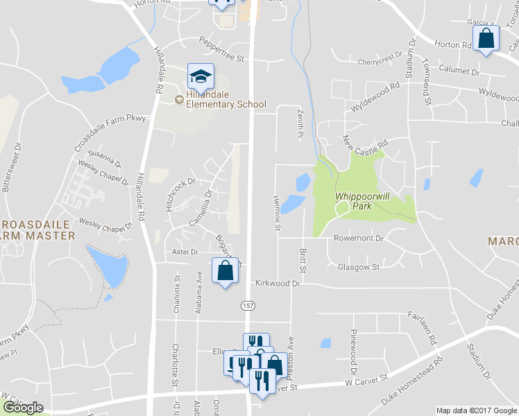 map of restaurants, bars, coffee shops, grocery stores, and more near 3652 Guess Road in Durham