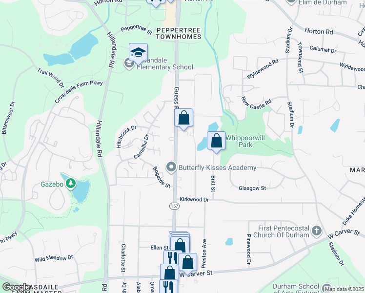 map of restaurants, bars, coffee shops, grocery stores, and more near 3652 Guess Road in Durham
