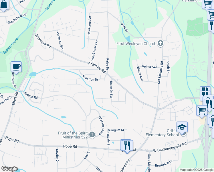 map of restaurants, bars, coffee shops, grocery stores, and more near 1814 Ralee Drive in Winston-Salem