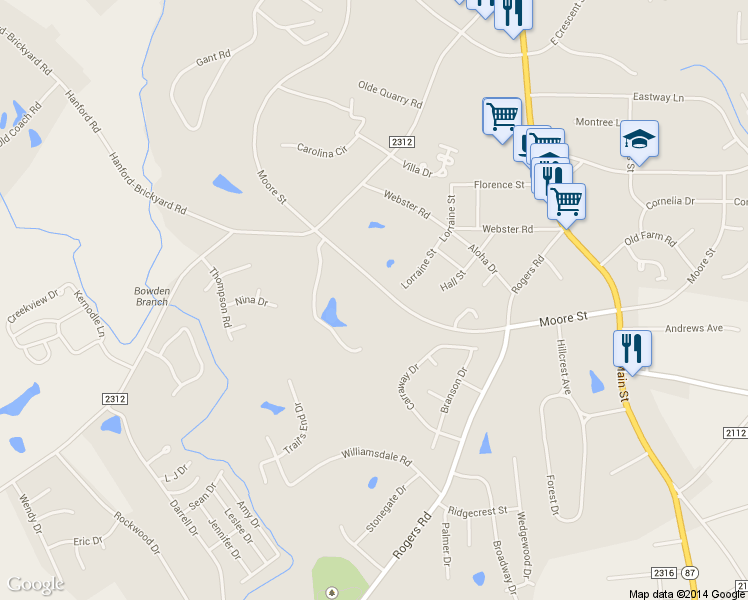 map of restaurants, bars, coffee shops, grocery stores, and more near 364 W Moore St in Graham