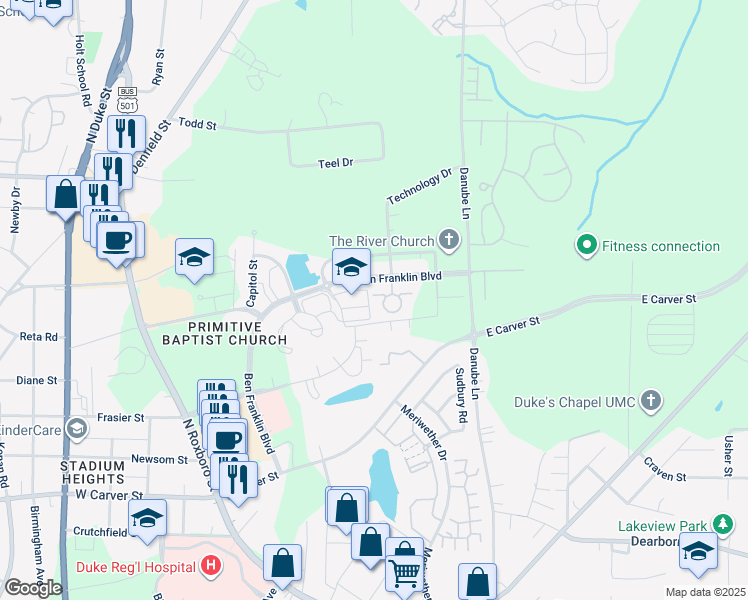 map of restaurants, bars, coffee shops, grocery stores, and more near 125 Presidents Drive in Durham