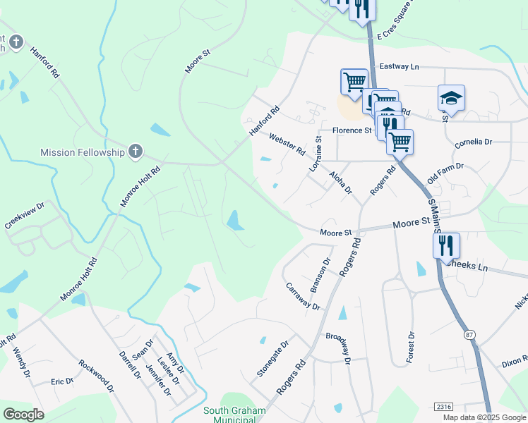 map of restaurants, bars, coffee shops, grocery stores, and more near 364 W Moore St in Graham