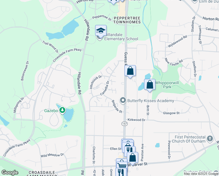 map of restaurants, bars, coffee shops, grocery stores, and more near 2610 Camellia Drive in Durham