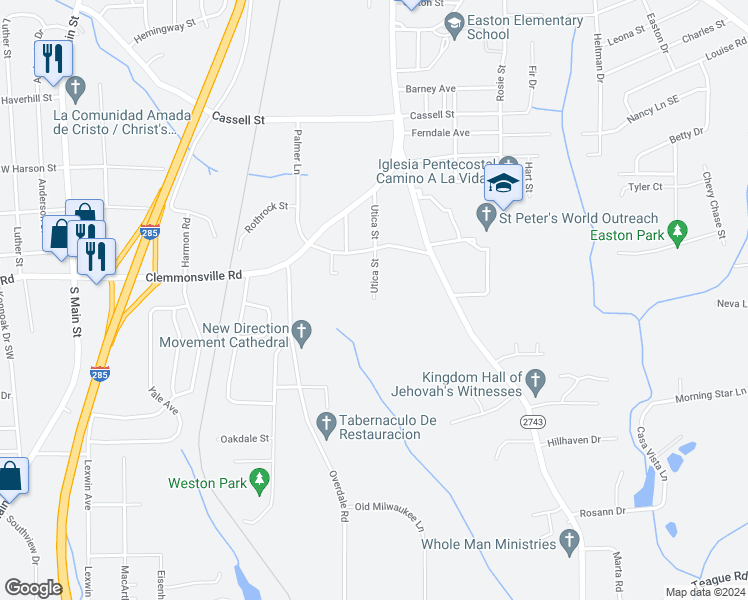 map of restaurants, bars, coffee shops, grocery stores, and more near 3760 Utica Street in Winston-Salem