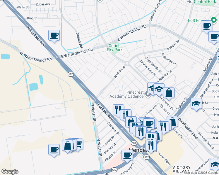 map of restaurants, bars, coffee shops, grocery stores, and more near 270 Sunlit Meadow Lane in Henderson