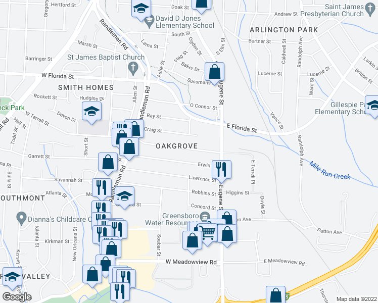 map of restaurants, bars, coffee shops, grocery stores, and more near 129 West Terrell Street in Greensboro