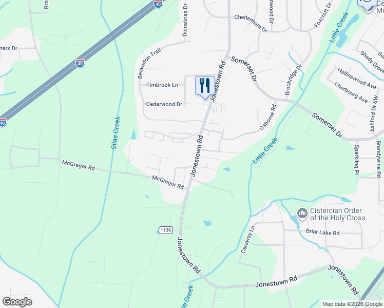 map of restaurants, bars, coffee shops, grocery stores, and more near 1422 Jonestown Road in Winston-Salem