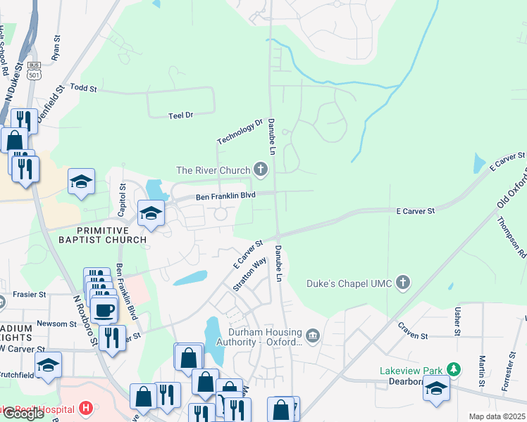 map of restaurants, bars, coffee shops, grocery stores, and more near 4434 Ben Franklin Boulevard in Durham