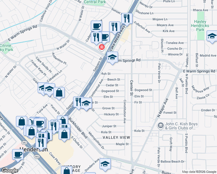 map of restaurants, bars, coffee shops, grocery stores, and more near 119 Dogwood Street in Henderson