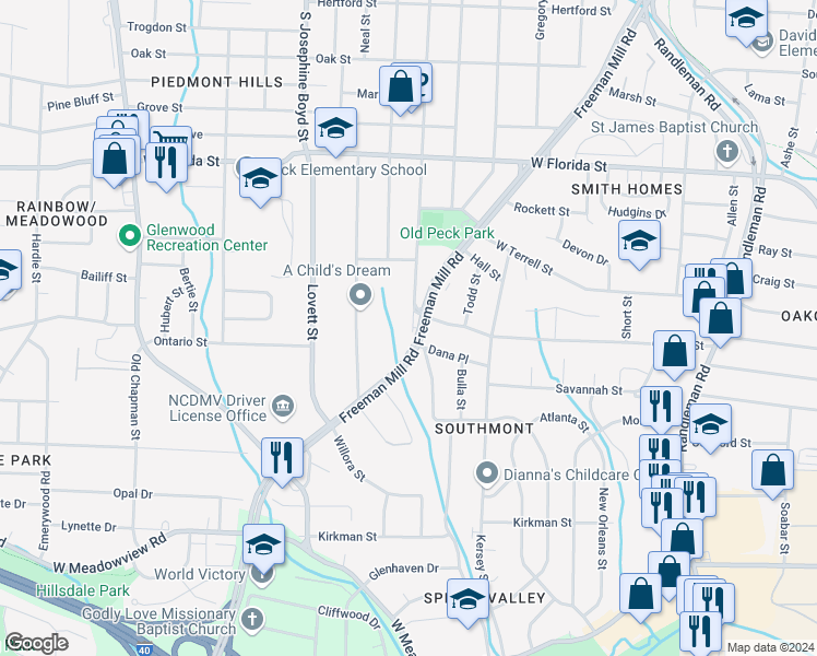 map of restaurants, bars, coffee shops, grocery stores, and more near 1728 Glenwood Avenue in Greensboro
